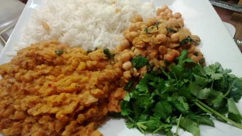 Red Lentil curry, chana masala, basmati rice & excess coriander.